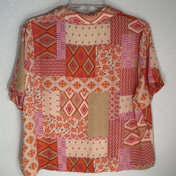 Rose+Olive Top Womens Large Cropped Boxy Aztec Floral Orange Pink Button Up - Picture 2 of 10